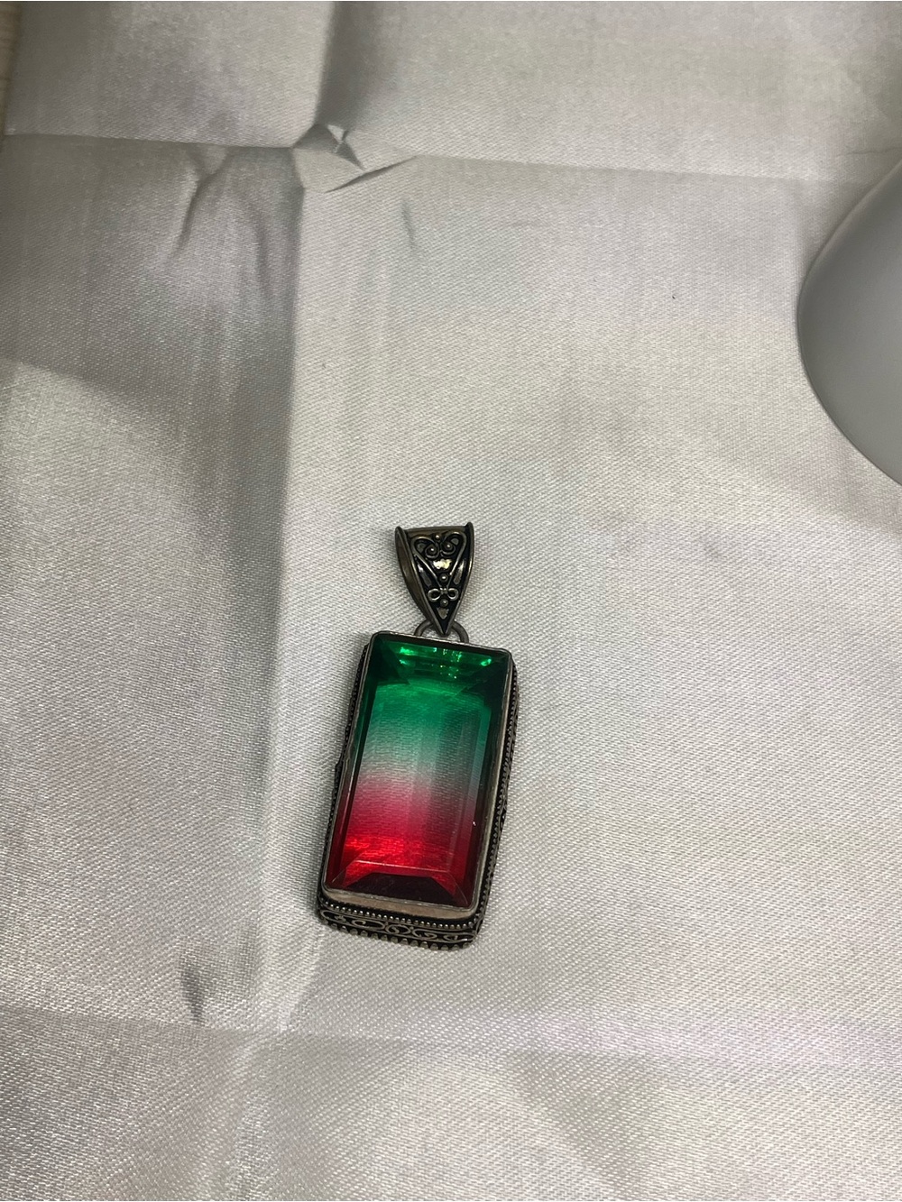 Vintage Rectangular Water Tourmaline inspired Pendant Necklace - Green & Red